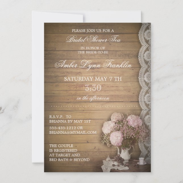 Vintage Wood and Lace Bridal Shower Tea Invitation (Front)