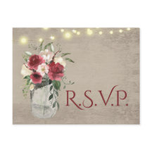 Vintage Wood and Lights Jar Burgundy Floral RSVP