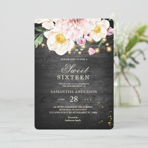 Vintage Wood  Beauty Colorful Flowers  Lights Invitation