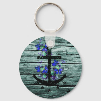 Vintage Wood & Black Anchor With Blue Butterflies Keychain
