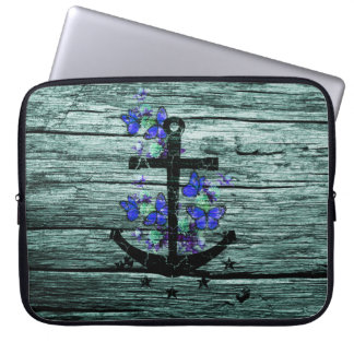 Vintage Wood & Black Anchor With Blue Butterflies Laptop Sleeve