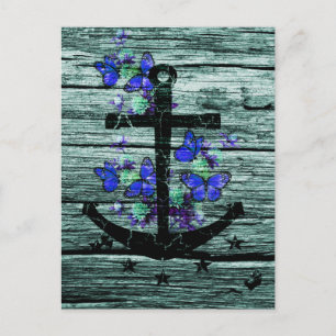 Vintage Wood & Black Anchor With Blue Butterflies Postcard