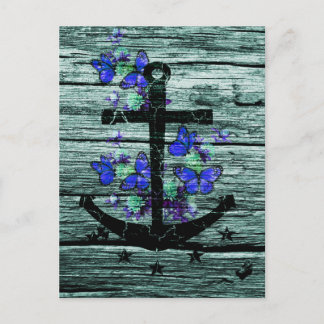 Vintage Wood & Black Anchor With Blue Butterflies Postcard