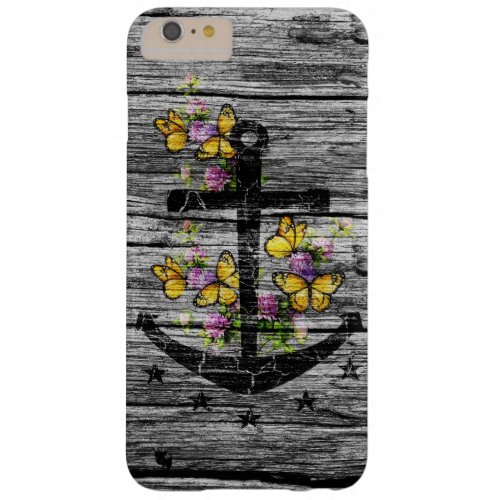 Vintage Wood  Black Anchor With Yellow Butterfly Barely There iPhone 6 Plus Case