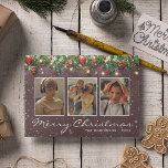 Vintage Wood Christmas 3 Photo Holiday Card<br><div class="desc">Celebrate the holiday season with these custom rustic christmas cards featuring 3 family photos to be replaced with your own,  a dark wooden background,  festive christmas tree branches,  red & gold tree decorations,  string twinkle lights,  your name and the year.</div>