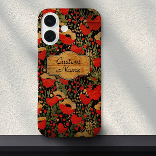 Vintage Wood Grain Poppy Floral  iPhone 16 Case