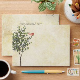 Vintage Wood Grain Raspberry Lemon Bird Envelope