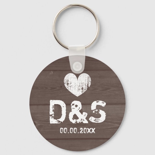 Vintage wood grain wedding party favor keychain (Front)