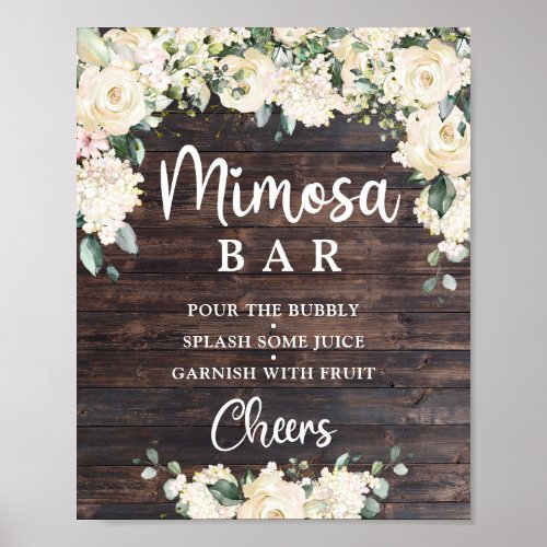 Vintage wood greenery white floral mimosa bar sign