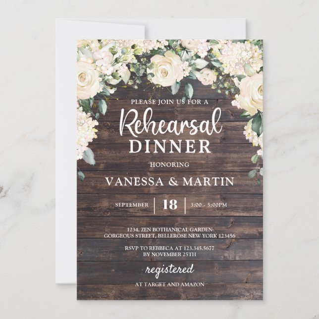 Vintage wood greenery white floral rehearsal invitation (Front)