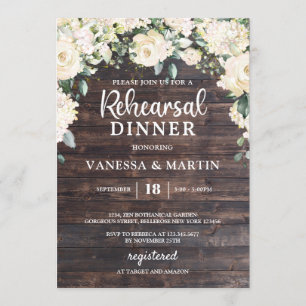 Vintage wood greenery white floral rehearsal invitation