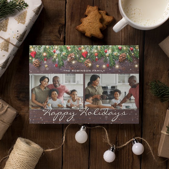 Vintage Wood Happy Holidays 2 Photo Holiday Card (Creator Uploaded)