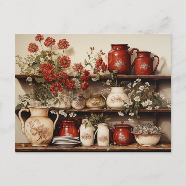 Vintage Wood Kitchen Shelf Red White Flowers Postcard (Front)