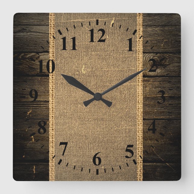Vintage Wood Look Burlap Rustic Square Wall Clock (Front)