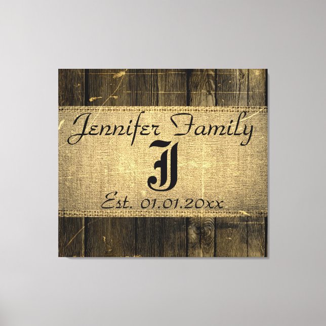 Vintage Wood Look Rustic Burlap Monogram Canvas Print (Front)