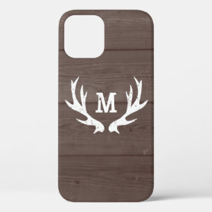 Vintage wood monogram deer antlers iPhone 12 case