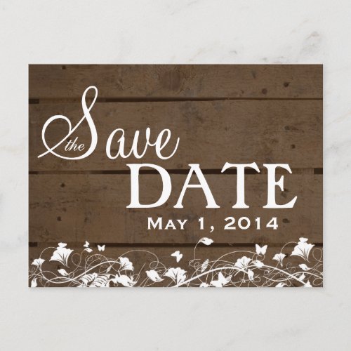 Vintage Wood Planks White Floral Save the Date Announcement Postcard