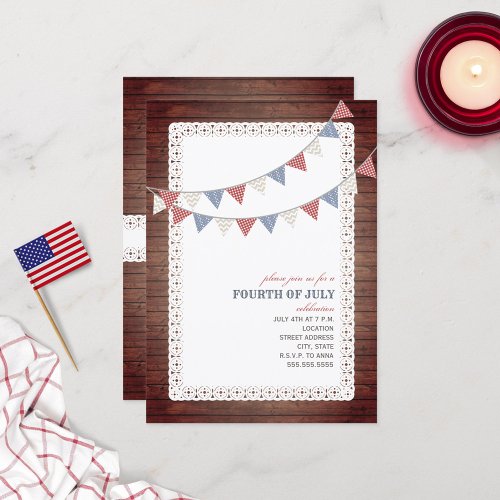 Vintage Wood Red White  Blue Bunting July 4th Invitation