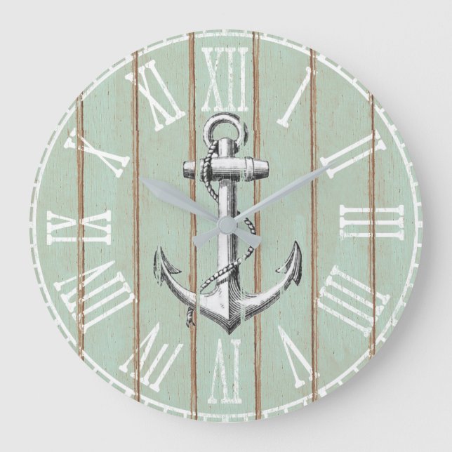 Vintage Wood Rustic Anchor Nautical Large Clock (Front)