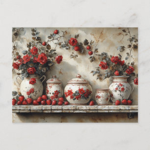 Vintage Wood Shelf Red Roses Strawberries Postcard