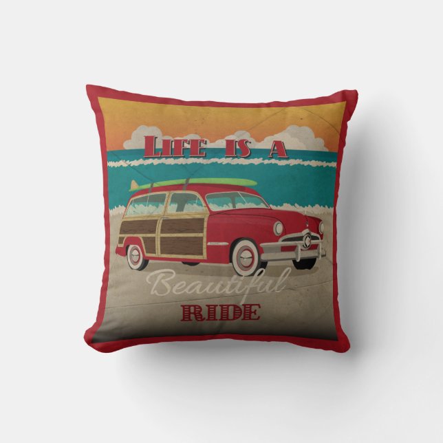 Vintage Wood Sided Car Beach Poster Throw Pillow (Front)
