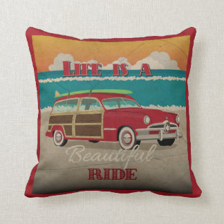 Vintage Wood Sided Car Beach Poster Throw Pillow