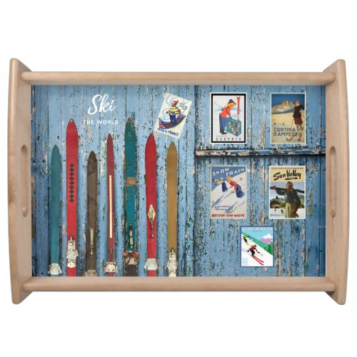 Vintage Wood Skis and Ski Travel Posters Serving Tray