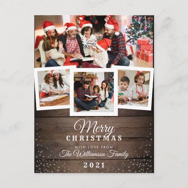 Vintage Wood & Snow | Holiday 4 Photo Card (Front)
