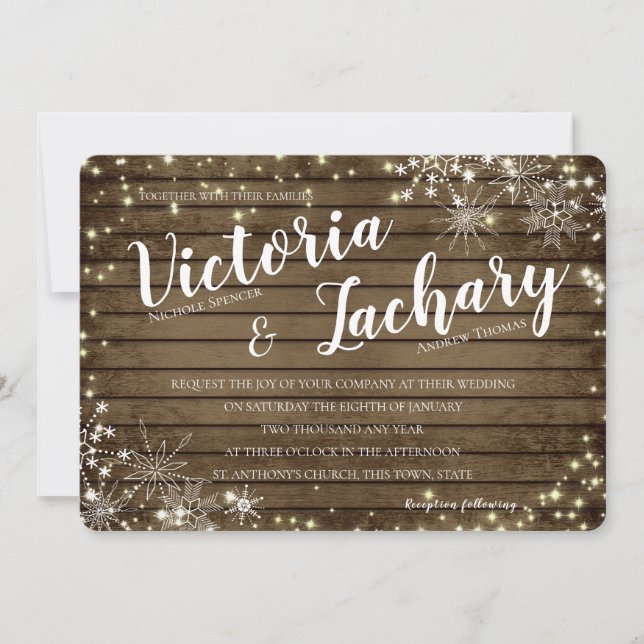 Vintage Wood Snowflakes and Sparkle Wedding Invitation (Front)