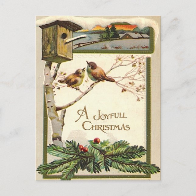 Vintage Wood Snowman Birdhouse Tree Holiday Postcard (Front)