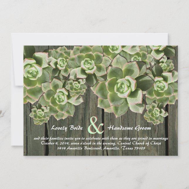 Vintage Wood Soft Succulents Wedding Invitations (Front)