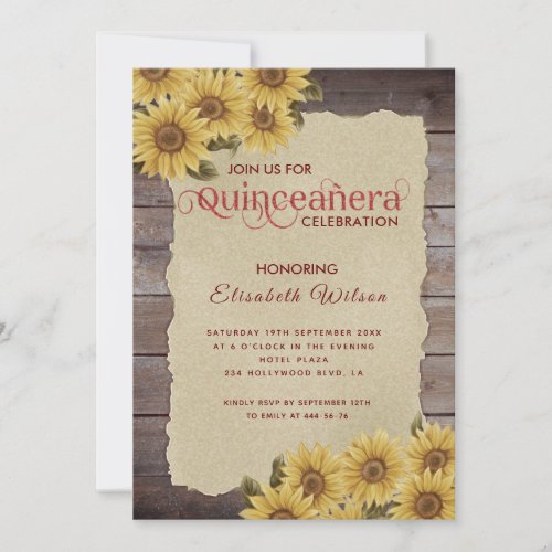 Vintage wood torn paper sunflower Quinceaera  Invitation