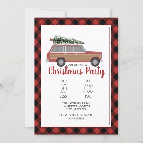 Vintage Wood Wagon Plaid Christmas Party Invitation