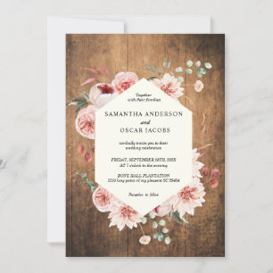 Vintage Wood & Watercolor Pastel Flowers Wedding I Invitation
