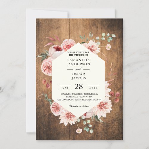 Vintage Wood  Watercolor Pastel Flowers Wedding I Invitation