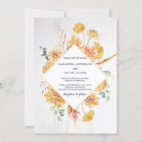 Vintage Wood  Watercolor Yellow Flowers Frame Inv Invitation