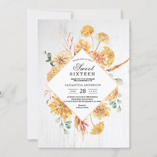 Vintage Wood  Watercolor Yellow Flowers Frame Inv Invitation