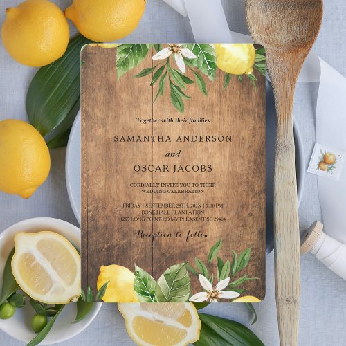 Vintage Wood Watercolor Yellow Lemons  Leaf  Invitation