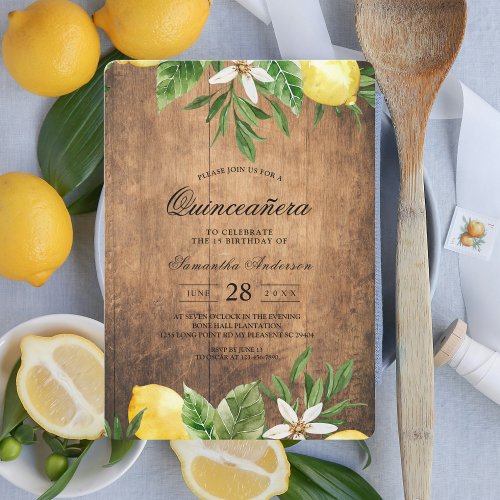 Vintage Wood Watercolor Yellow Lemons  Leaf Invitation