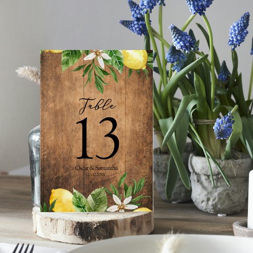 Vintage Wood Watercolor Yellow Lemons  Leaf  Table Number