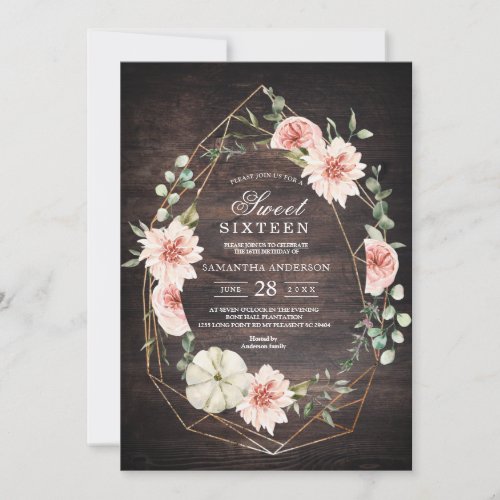 Vintage Wood  WatercolorPink Pastel Flowers Frame Invitation