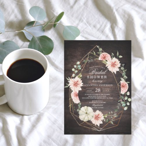 Vintage Wood  WatercolorPink Pastel Flowers Frame Invitation