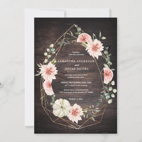 Vintage Wood  WatercolorPink Pastel Flowers Frame Invitation