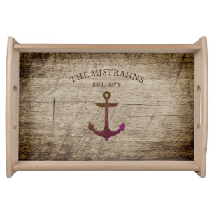Vintage Wood Weathered Nautical Anchor Serving Tray