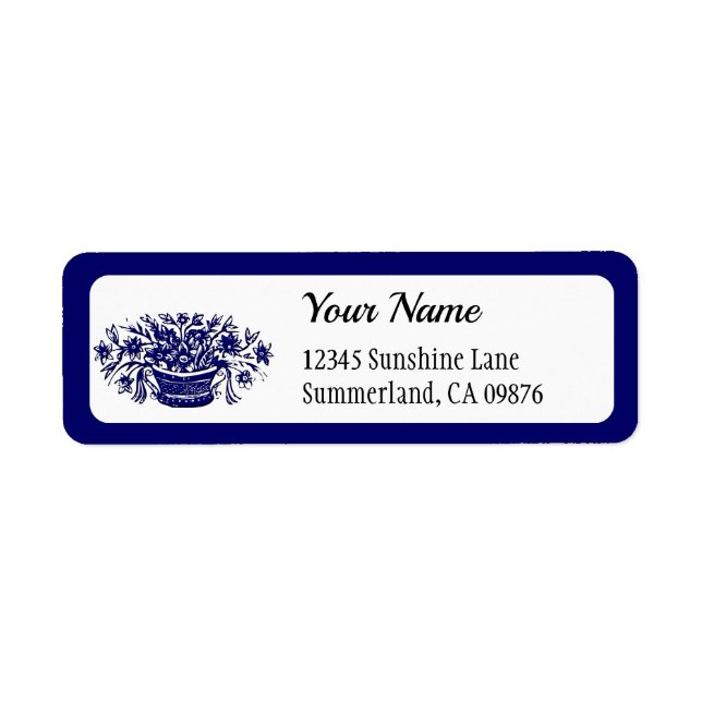 Vintage Woodcut Blue Floral Editable Address Label (Front)
