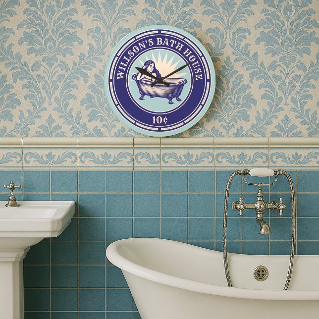 Vintage Woodcut Style Bath House Sign Large Clock (Creator Uploaded)