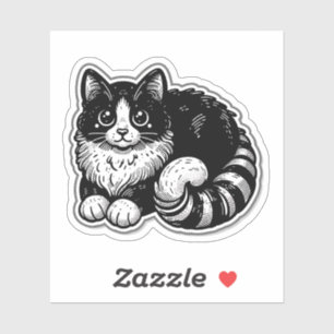 Vintage Woodcut Tuxedo Cat - Cute Black and White Sticker