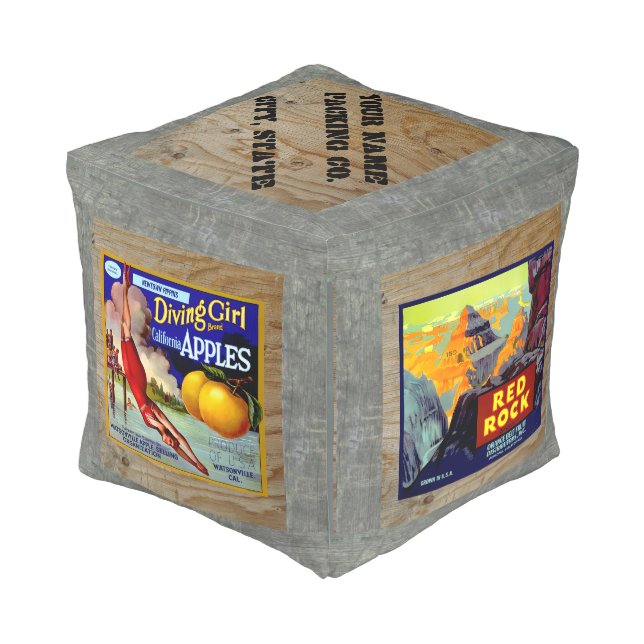 Vintage Wooden Crate Fruit Label Template Pouf (Angled Front)