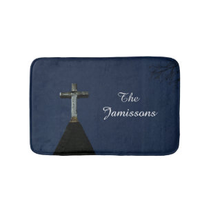 Vintage Wooden Cross Blue Personalized Plush  Bath Mat