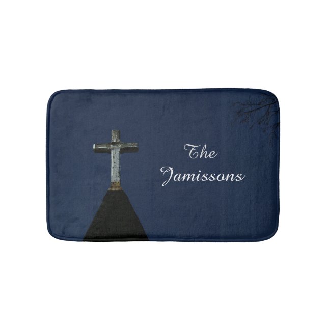 Vintage Wooden Cross Blue Personalized Plush  Bath Mat (Front)